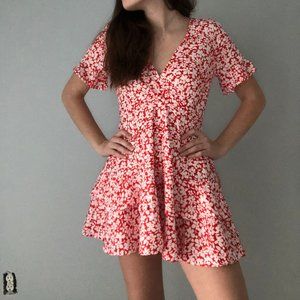 Red and White Floral Wrap Dress